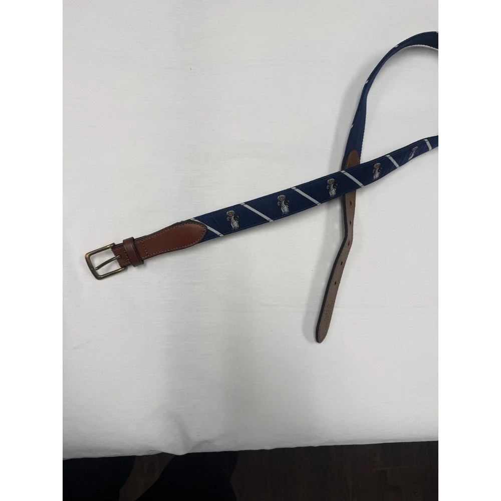 Polo Ralph Lauren Polo Bear Silk/Nylon Belt Navy Blue Brown Leather Size 36